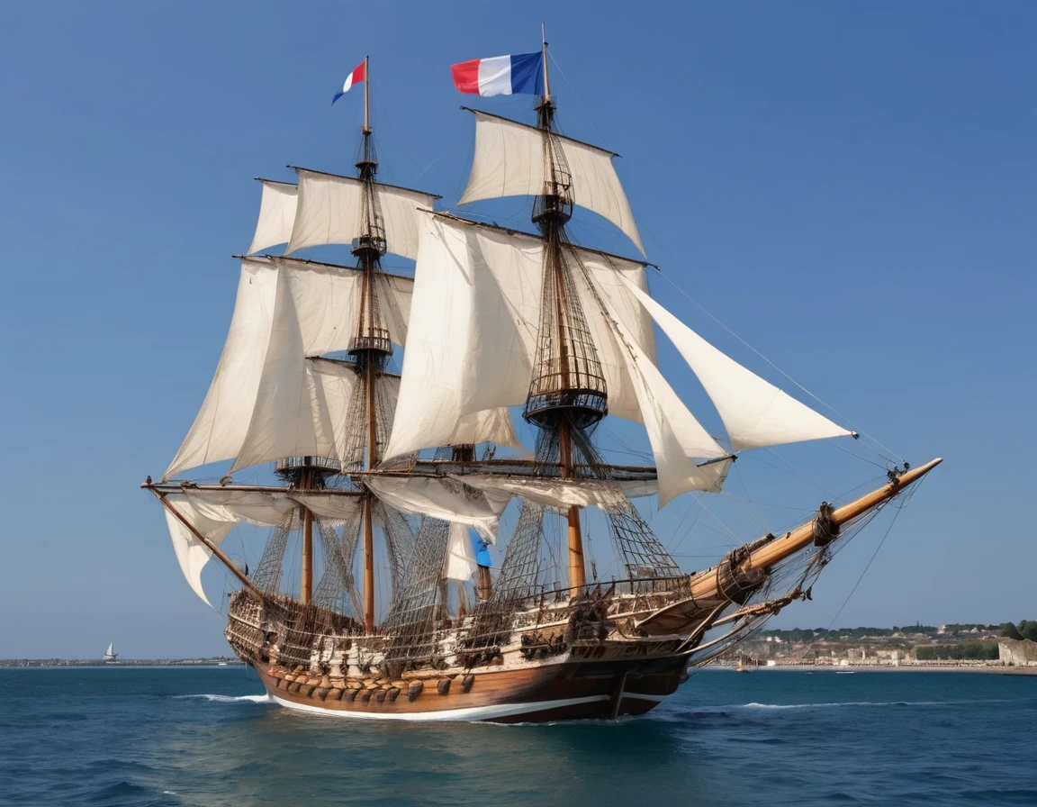 Tall ships of the seventeenth century with large white sails cannons a wooden hull butt. The ship is of French nationality and it sails on the sea. [Sailboats] [Boat] [Ship] [Sail] [Magnificent] [Sea] [Ancient]