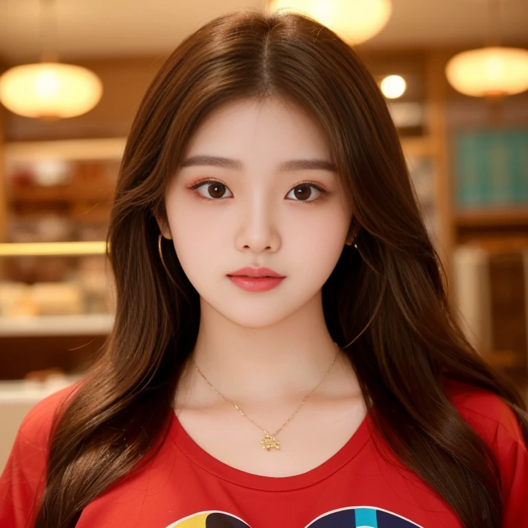 frontal photo Looking straight into the camera,8k quality,, Close-up photo of a cute Korean woman,Chest size 32 inches, His long hair flowed up.,) ponytail, Wear a crimson T-shirt., necklace, exterior outdoor flowers, Taken with a high quality camera 45,000,000 pixels, realistic light colors,