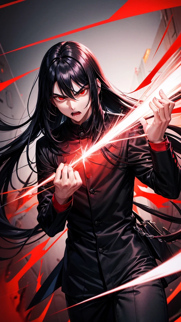 A young man with long black hair emits a red aura from his entire body.、Glaring at me with hostile eyes, yelling in rage, dressed like punk rock