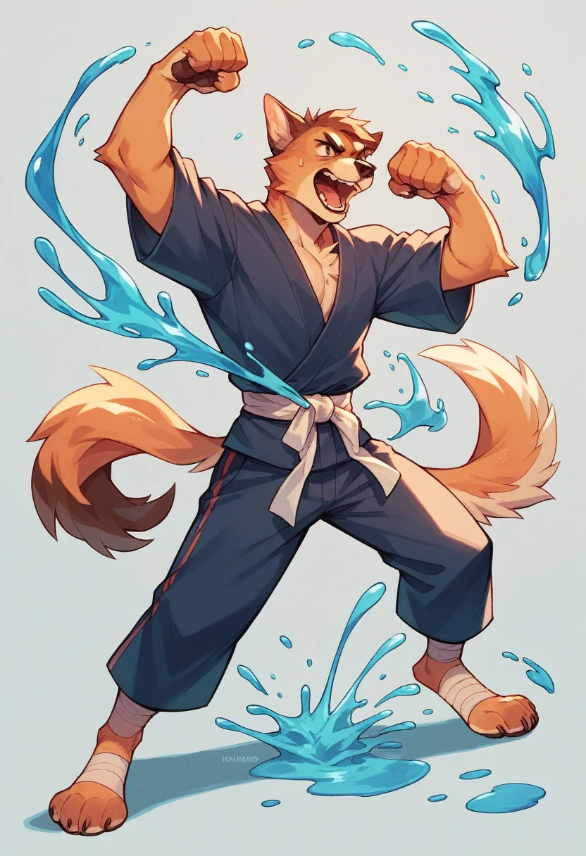 Create 3D featuring  dog and cat with obscured faces engaged in a dynamic martial arts pose, with cat character's foot making contact with a splash of liquid that creates an interesting visual effect against a vibrant white background.