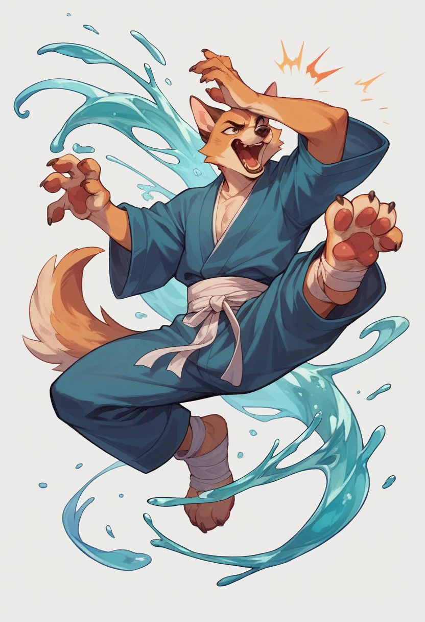 Create 3D featuring dog and cat with obscured faces engaged in a dynamic martial arts pose, with cat character's foot making contact with a splash of liquid that creates an interesting visual effect against a vibrant white background.