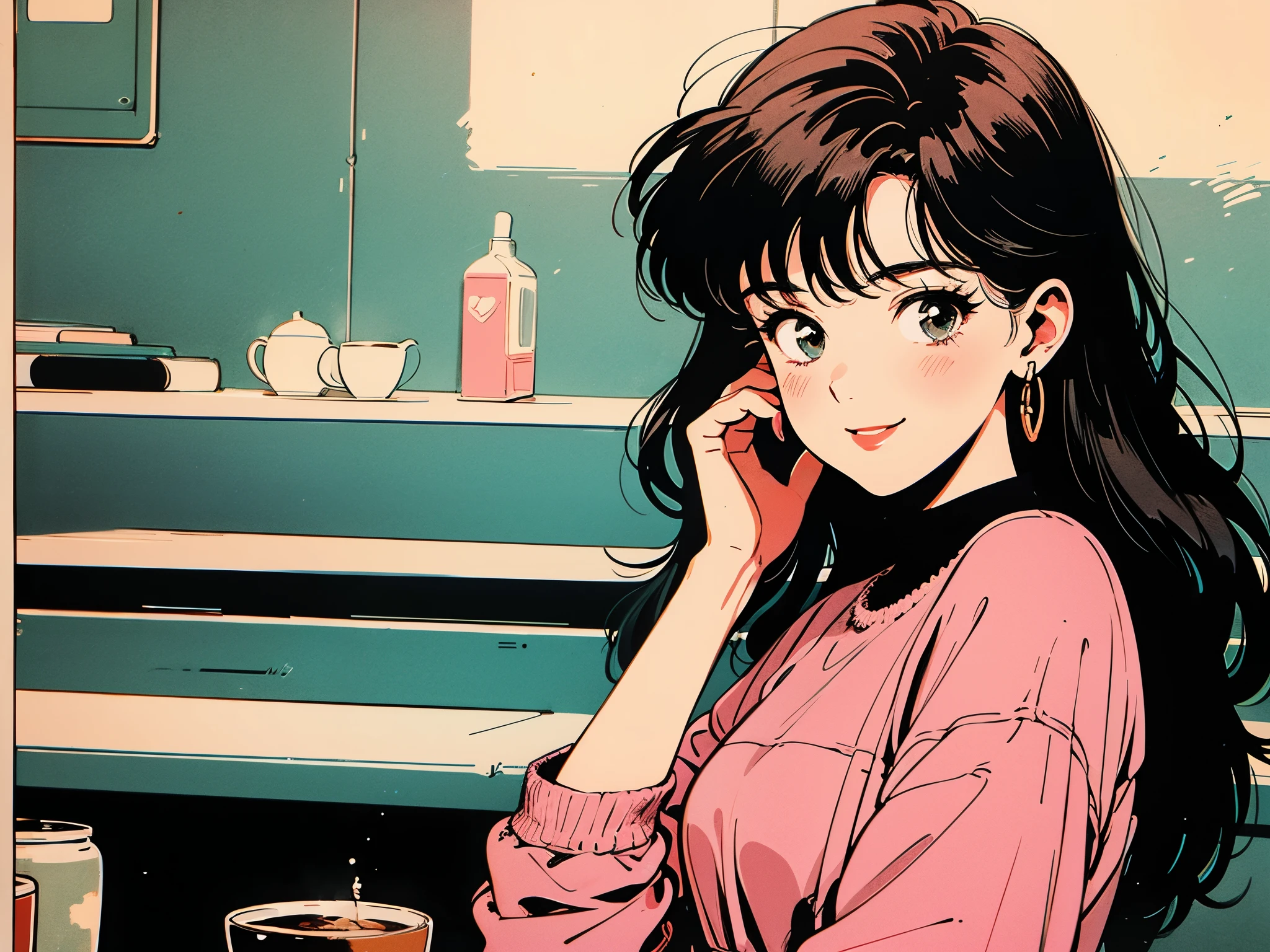 Highest quality,wallpaper,masterpiece,Super detailed,8K,wallpaper,Retro,(One female:1.5),Long-haired woman,Cafe,Talking to boyfriend,(A happy smile),City Pop,Urban Pop,Retroなレコードジャケットのイラスト
