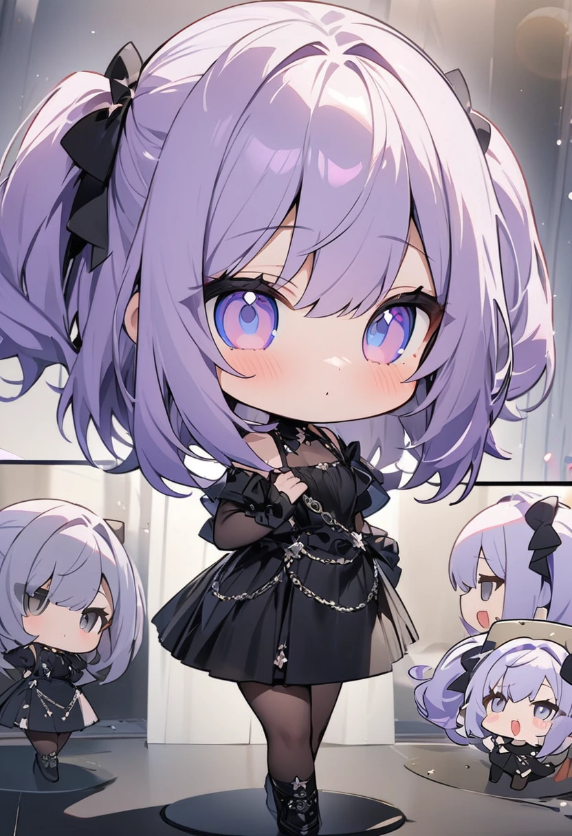 (masterpiece, Highest quality),「The background is set to be painted in white.、Draw a chibi-style anime character with purple hair and silver eyes dancing。The character's hair is fluffy and voluminous.、The style has bangs that hang lightly over the face、Her hair color is a gradation from dark purple to light purple.。The eyes are big and sparkling,、It is also purple。 The character wears a long coat with a purple and black design.、The hem of the coat is wide、It is drawn to flow with the movement.。The inside of the coat is bright pink.。The character's innerwear is dark purple.、Fine details are given。The belt and buttons are accented in black.。 The pose is dynamic、Spread your right hand wide、The left hand is slightly bent as if for balance.。The left foot is raised slightly to emphasize the dancing movement.。On his feet he wears black boots、Please draw in detail。 The character's facial expression is a confident smile、Please express the atmosphere of people dancing happily.。The overall art style is vibrant and colorful.、A cartoon style with enhanced contrast。Please draw the character's movements and expressions so that they seem lively.。」