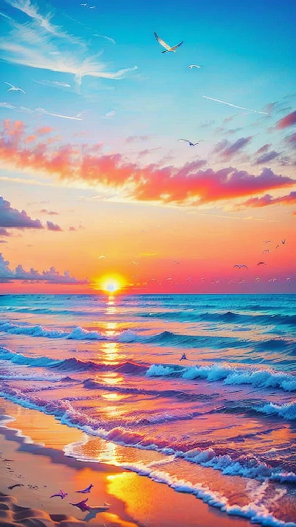 An absolutely mesmerizing sunset over the beach, with a blend of oranges, pinks, and yellows filling the sky. Crystal-clear waters of the sea gently kissing the shore, with sandy white beach stretching far and wide. The scene is dynamic and breathtaking, with seagulls soaring high in the sky and gently swaying palm trees. Take in the calming atmosphere and let the peacefulness wash over you.