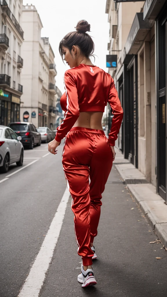 A sexy slim woman walks through the city, she is wearing a tight satin tracksuit, Her breasts are big, sexy ass,candid Ass, Jogging