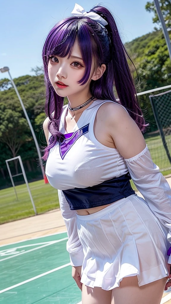Ayane, purple hair, red eyes, (best quality, ultra-detailed), (realistic:1.37), beautiful and detailed face, ultra-realistic texture, delicate face, delicate body, red lipstick, long-lasting colors. high definition, 8K. expression with a sexy look