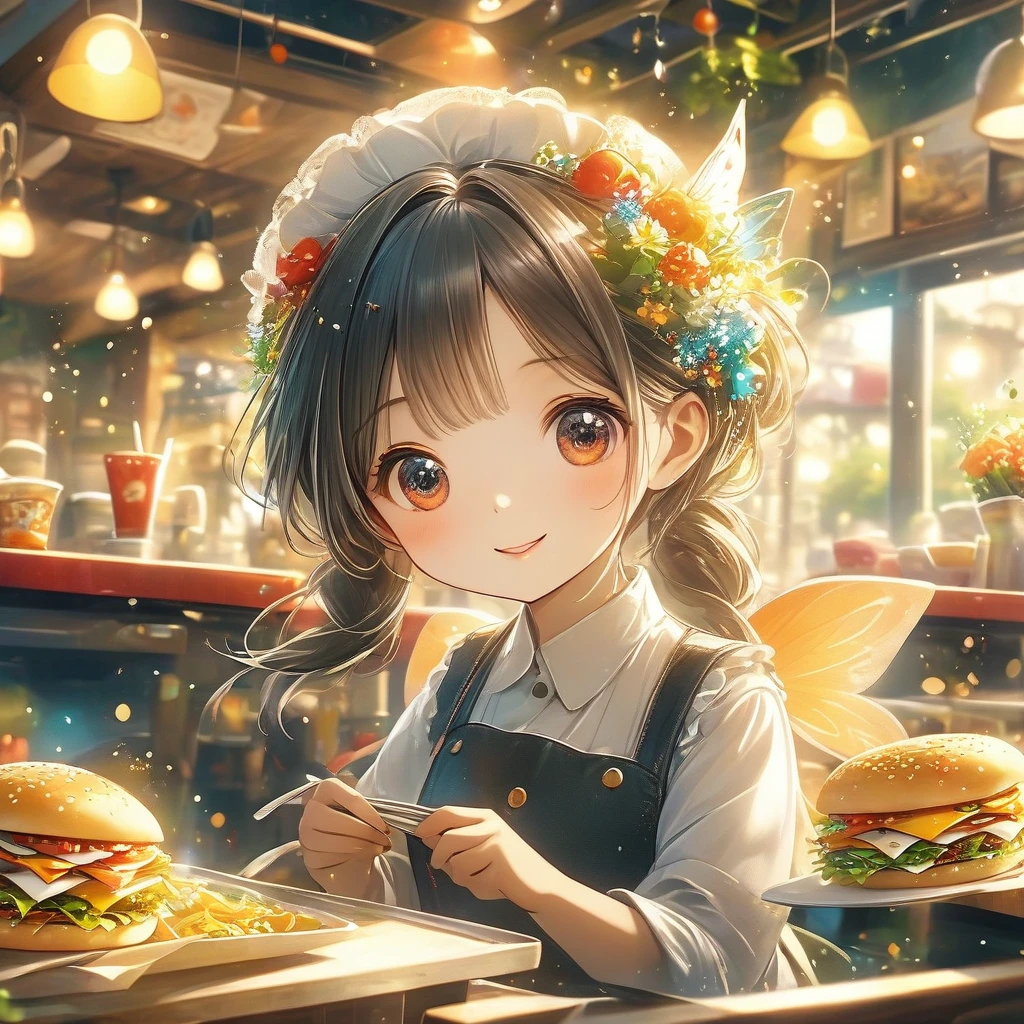 Beautiful close-up, Lovely, Hardworking and lively fast food restaurant clerk.Beautiful and textured foreground and background，detailed, bright, Animation style HD high quality presentation,（（（Romantic atmosphere）））（（（fairy tale elements）））（（（masterpiece）））， （（best quality））