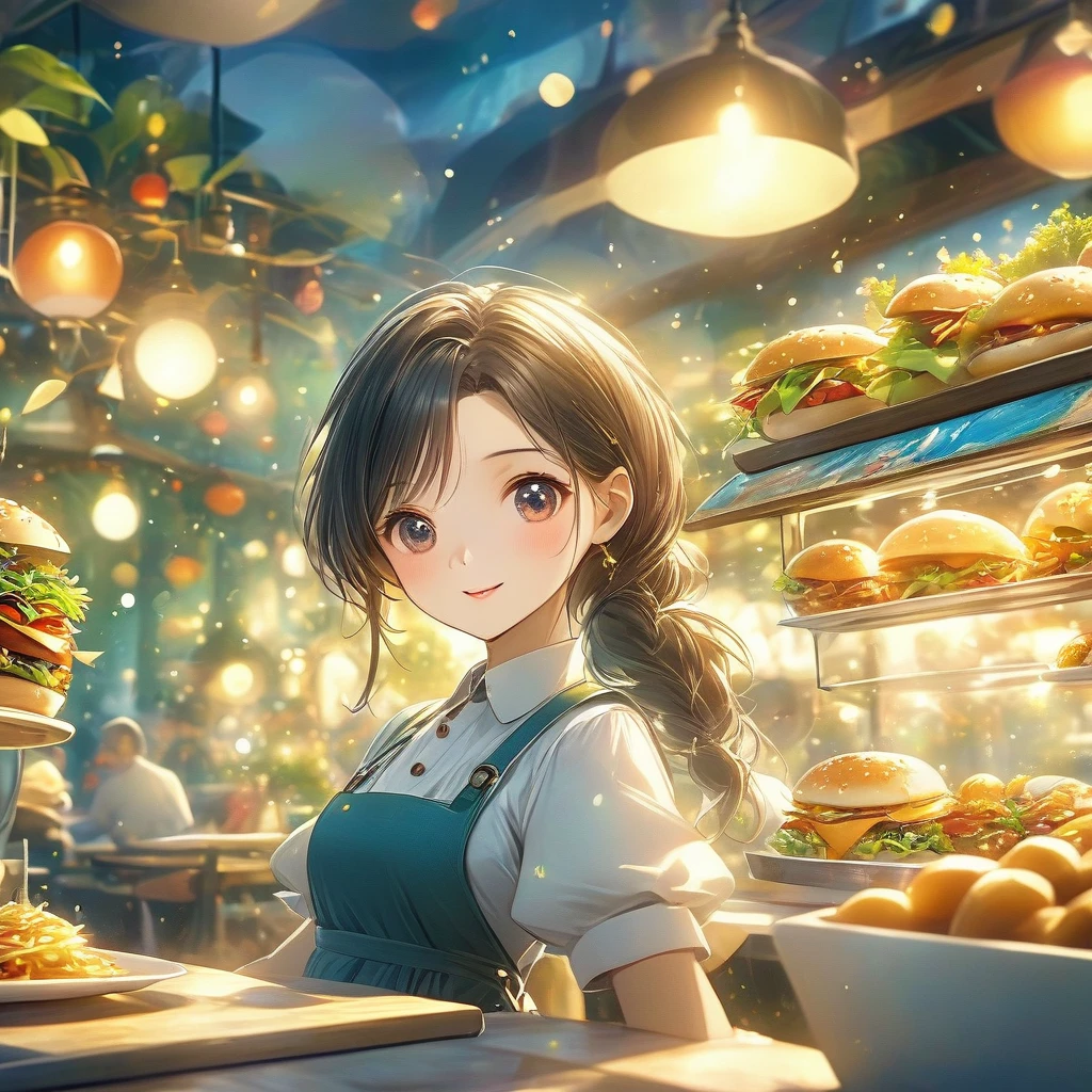 Beautiful close-up, Lovely, Hardworking and lively fast food restaurant clerk.Beautiful and textured foreground and background，detailed, bright, Animation style HD high quality presentation,（（（Romantic atmosphere）））（（（fairy tale elements）））（（（masterpiece）））， （（best quality））