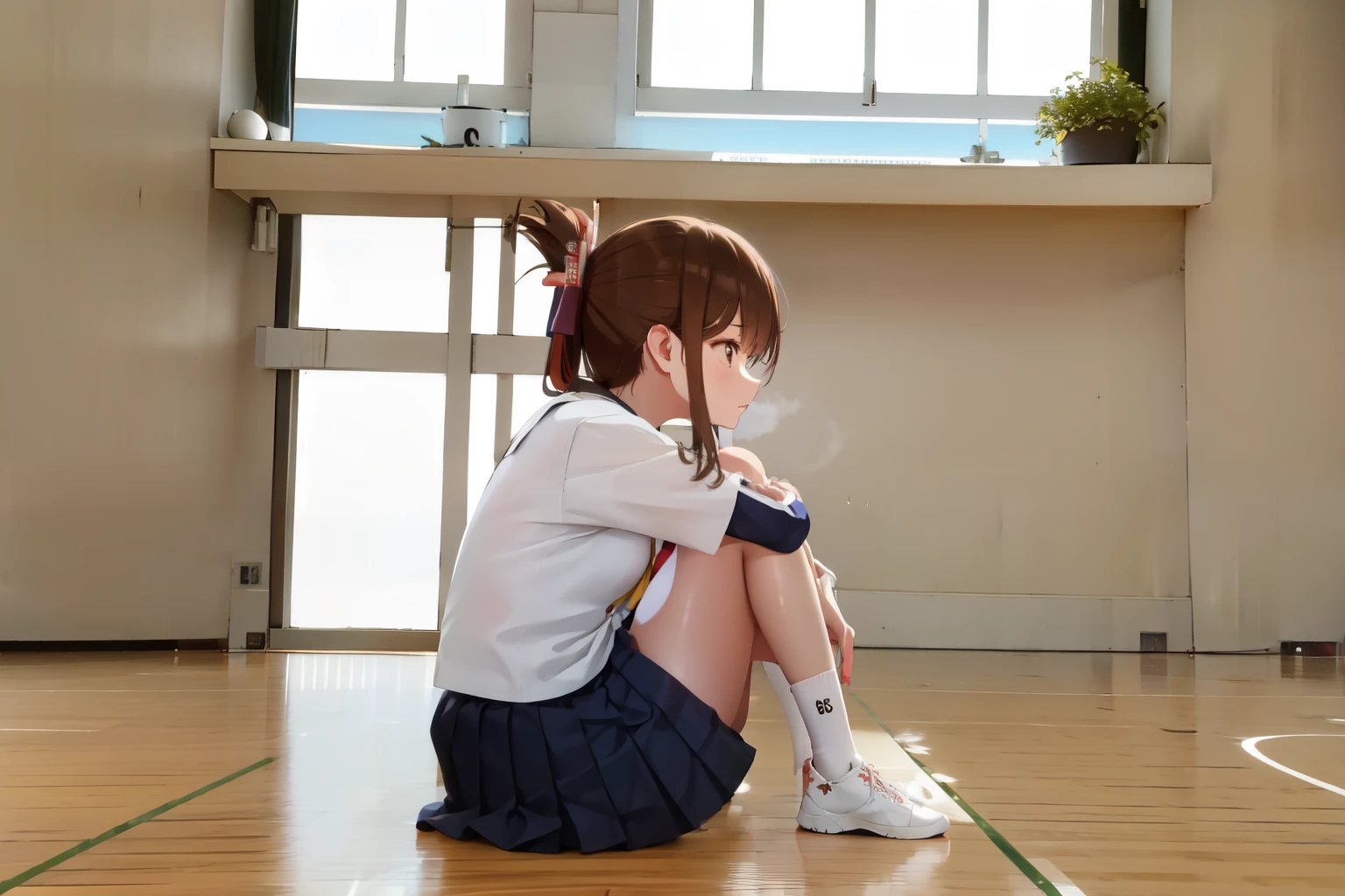 A female student in a sailor uniform sitting on the floor of the gymnasium and watching a physical education class because she feels unwell,(masterpiece, best quality:1.2),illustration,8K,HD,1girl,独奏,upper body,(portrait:1.2),brown_hair,folded_ponytail,brown_eyes,serafuku,long_hair,school_uniform,skirt,pleated_skirt,
