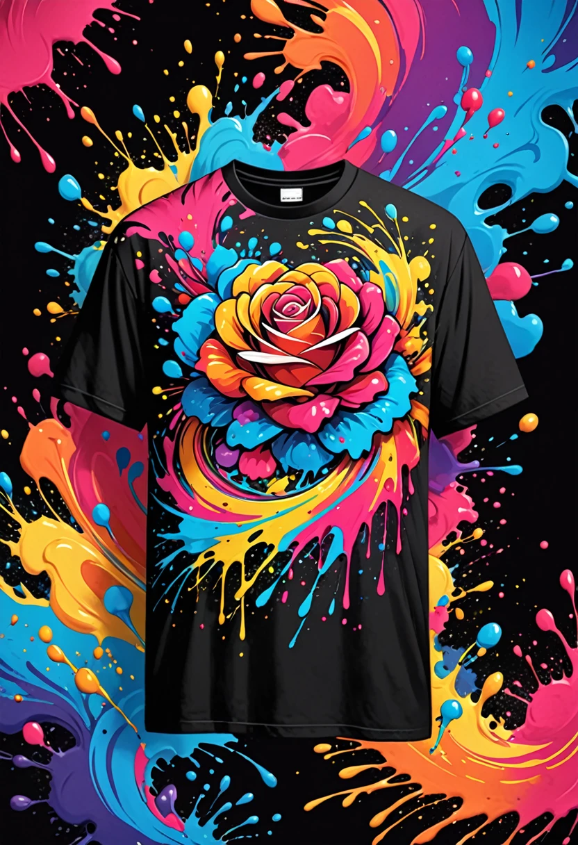 T-shirt designs with colorful illustrations with many roses, At the center, swirly vibrant colors, paint splashes and smears, T-shirt designs with lots of details, black backdrop.
