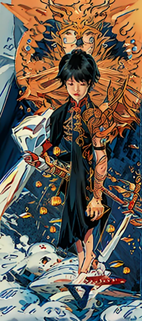 Chinese male martial art performer in a traditional elegant clothes, carrying unseathed chinese sword, calm face, fair skin, handsome face, masterpiece, hyper detailed, chinese black dragon floating in the background.