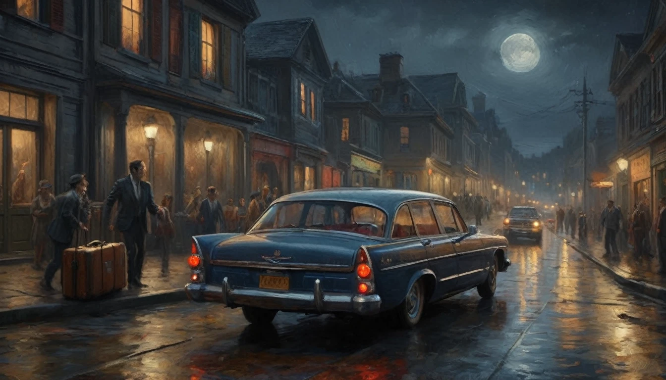 (best quality,4k,8k,highres,masterpiece:1.2),ultra-detailed,(realistic, photorealistic,photo-realistic:1.37), ((Horrow, scary scene, night: 1.5)), Inside car, departure, luggage, laughter