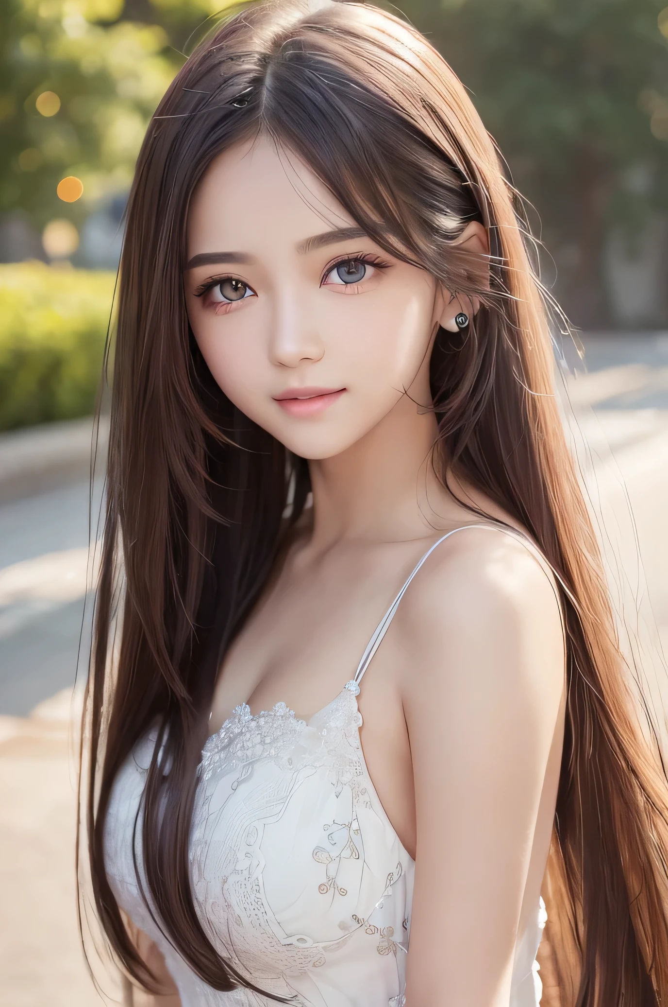 (Very beautiful  cute girl), (very  cute face:1.2),17 yo, (sparking crystal clear attractive large eyes), best looks, Beautiful detailed eyes, Detailed double eyelids, (smiling), (realistic photograph:1.2), long straight hair