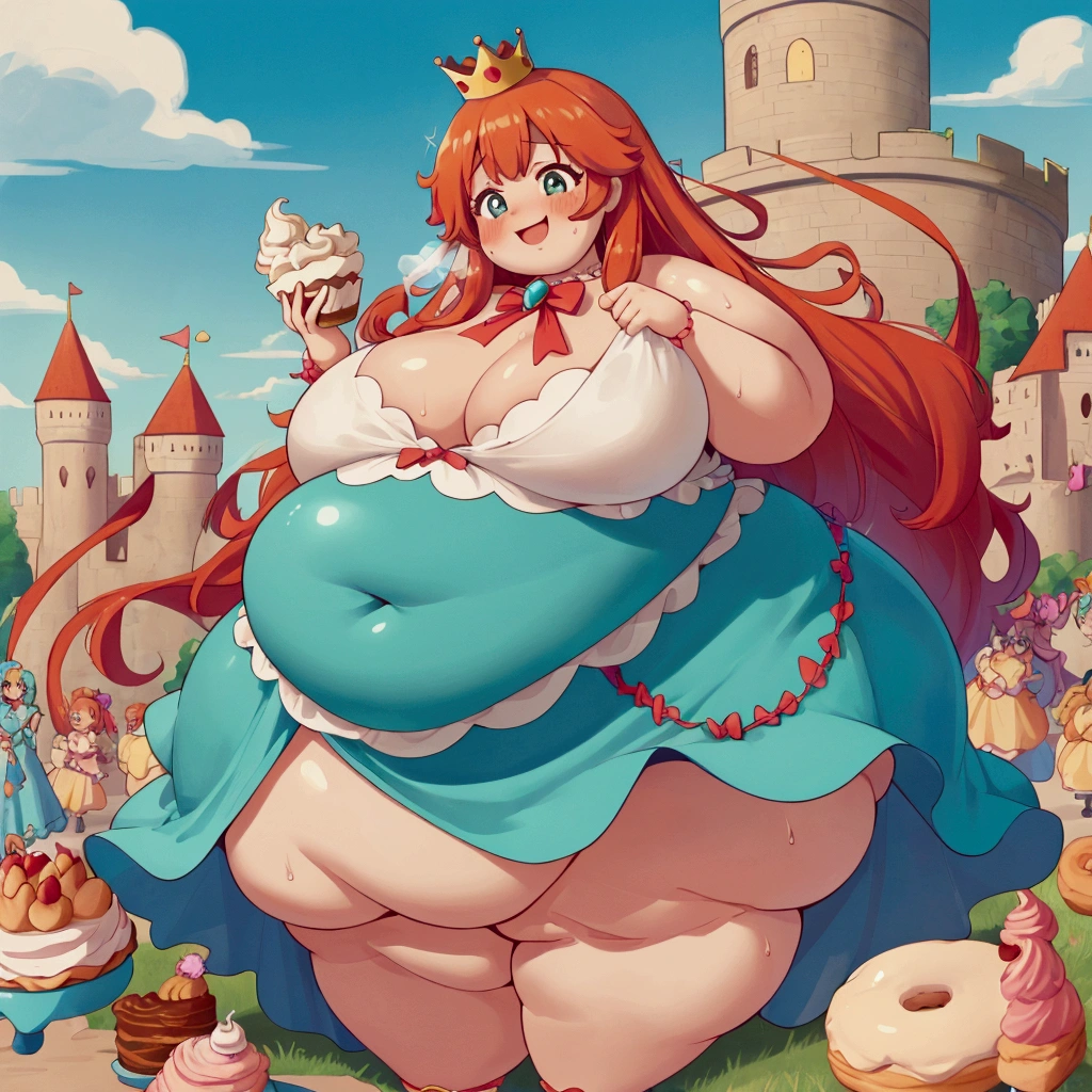 best quality, (kawaii:1.1), (cute), (high resolution:1.2), incredibly fine illustration BREAK 1girl, milf, bimbo, orange curly long hair, crown, princess, turquoise dress, ribbons, stuffed, obese, blob, gigantic belly, wide hips, busty, sweating, blushing, happy, cream, pastries, castle