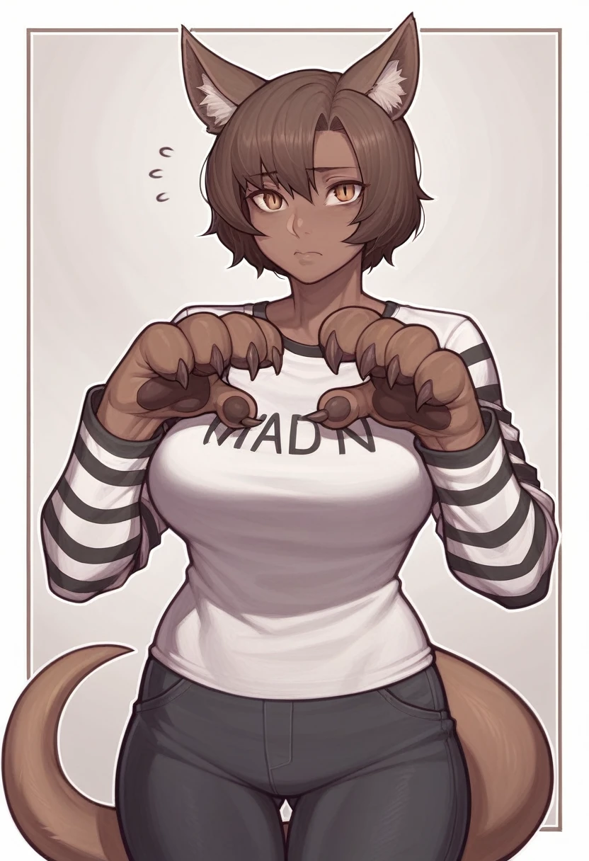 _asura style, 1girl, animal_ears, solo, tail, shirt, brown_eyes, looking_at_viewer, short_hair, long_sleeves, animal_hands, dark_skin, dark-skinned_female, red_background, white_shirt, closed_mouth, cowboy_shot, bottomless, claws, brown_hair, breasts, striped, animal_ear_fluff, striped_shirt, standing, artist_name, large_breasts, slit_pupils, flying_sweatdrops