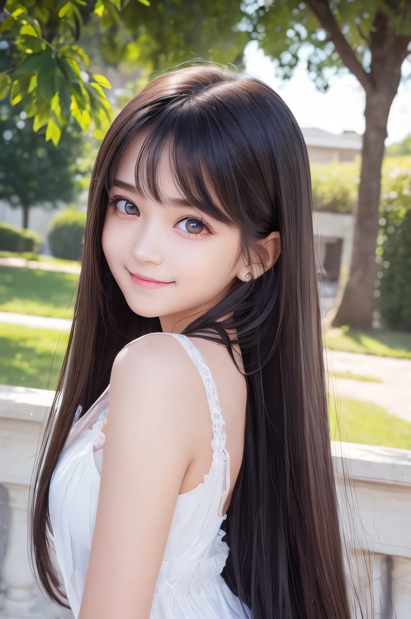 (Very beautiful  cute girl), (very  cute face:1.2),, (sparking crystal clear attractive large eyes), best looks, Beautiful detailed eyes, Detailed double eyelids, (smiling), (realistic photograph:1.2), long straight hair