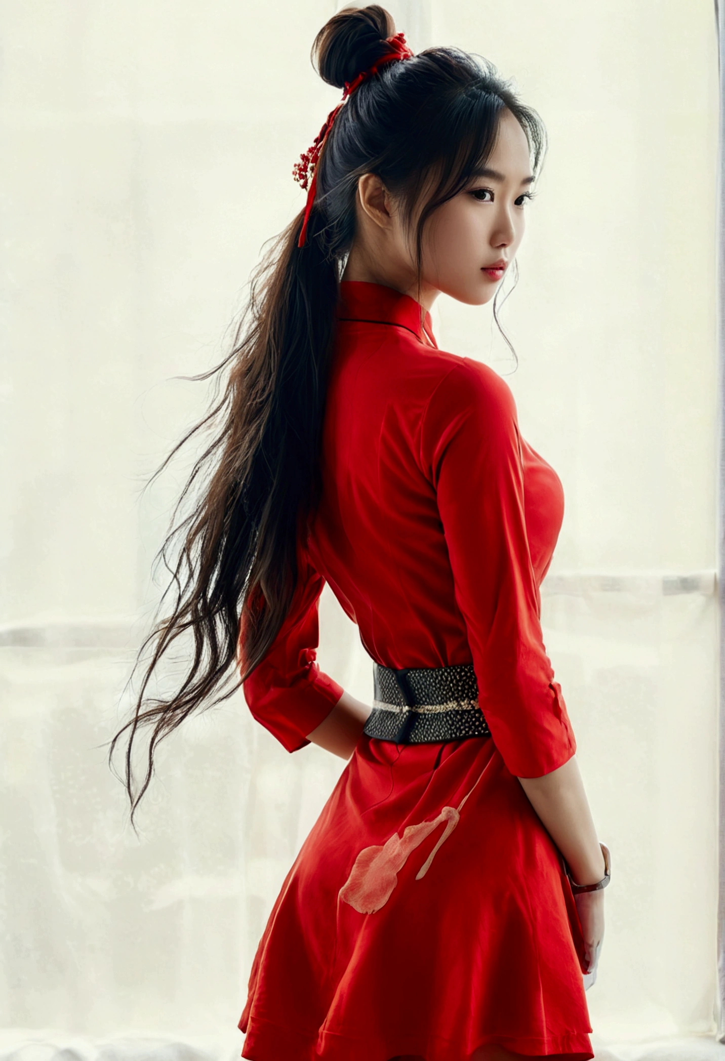 Asian woman with long hair,Ponytail, Wear a red dress with three quarter sleeves., white sneakers, cloth belt, Stand with your hips crossed.