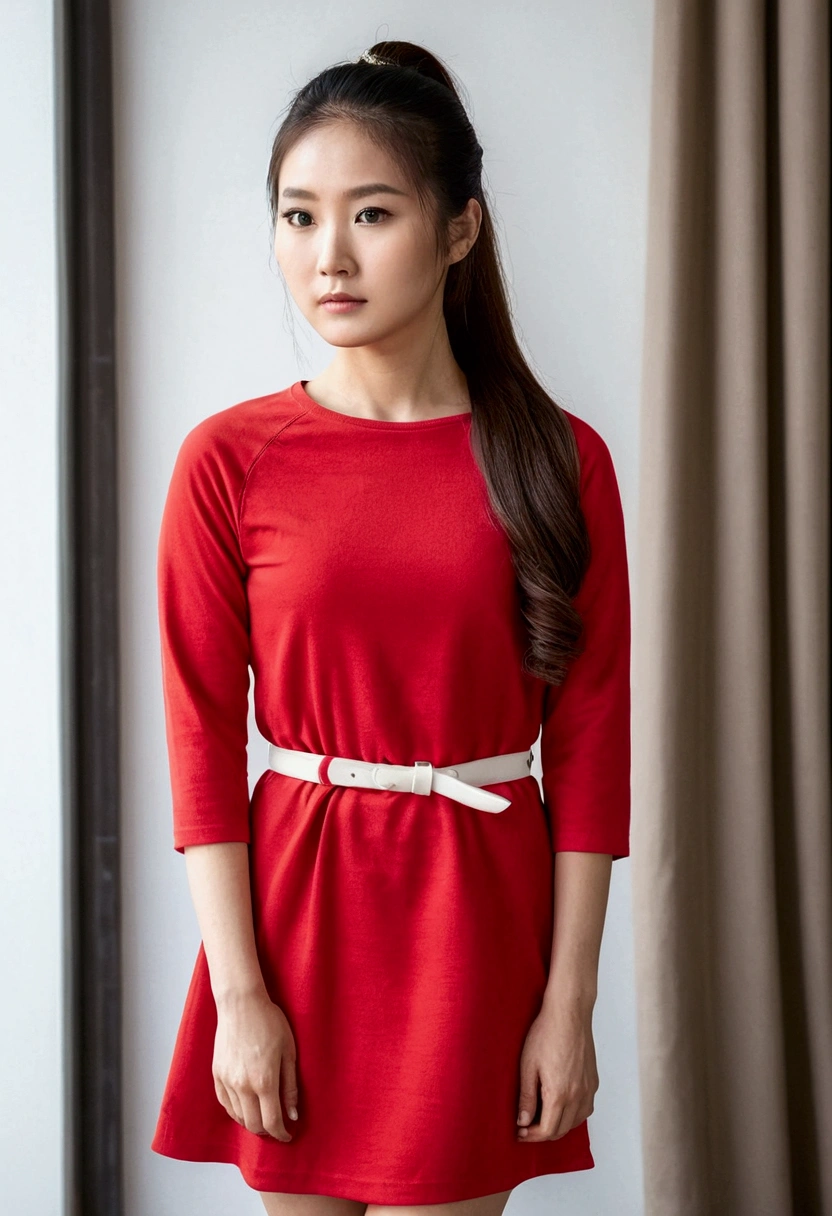 Asian woman with long hair,Ponytail, Wear a red dress with three quarter sleeves., white sneakers, cloth belt, Stand with your hips crossed.