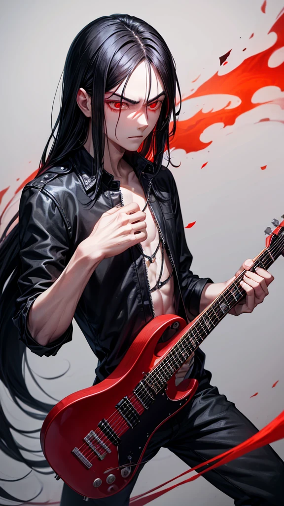 A young man with long black hair emits a red aura from his entire body.、He plays the guitar, glares with hostile eyes, shouts with rage, and is dressed like a punk rock