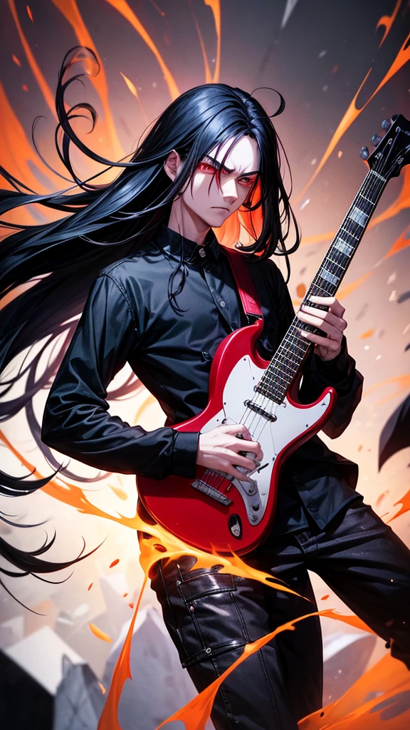 A young man with long black hair emits a red aura from his entire body.、He plays the guitar, glares with hostile eyes, shouts with rage, and is dressed like a punk rock