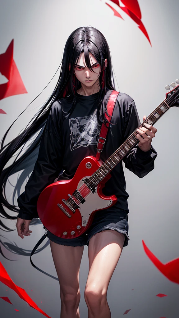 A young man with long black hair emits a red aura from his entire body.、He plays the guitar, glares with hostile eyes, shouts with rage, and is dressed like a punk rock