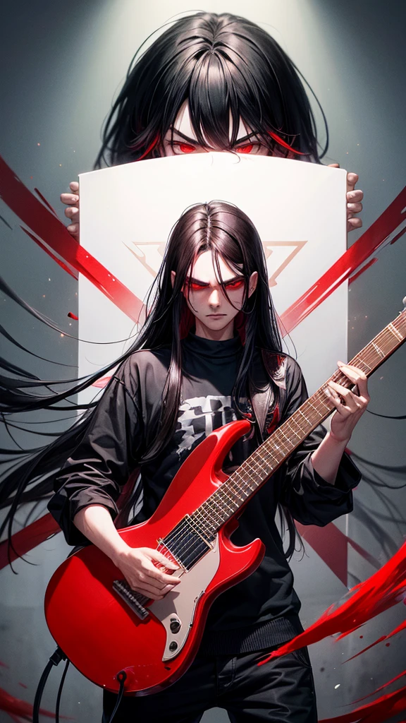 A young man with long black hair emits a red aura from his entire body.、He plays the guitar, glares with hostile eyes, shouts with rage, and is dressed like a punk rock