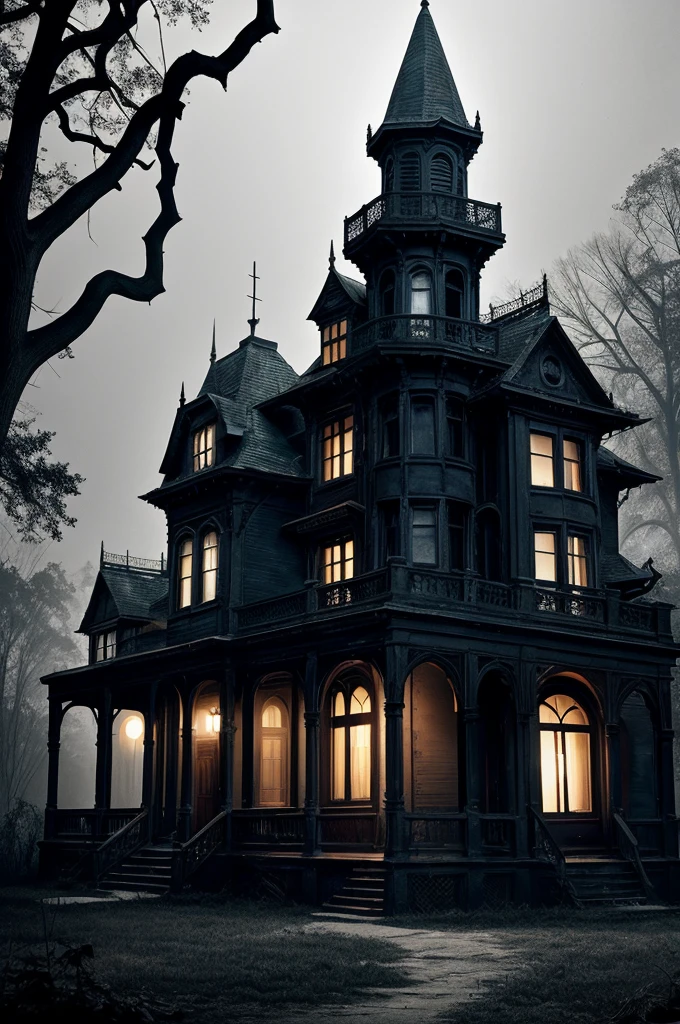 Haunted House: Feature an old, eerie mansion with broken windows and overgrown vines. Make it look abandoned and mysterious.
Ghostly Apparition: Include a faint, ghostly figure in the foreground or peering through a window, giving a sense of unease.
Dark Colors and Shadows: Use a palette of dark blues, blacks, and greys with deep shadows to create a creepy atmosphere.
Classic Typography: Choose a classic horror font with a gothic or Victorian style for the title text.
Fog or Mist: Add some swirling mist or fog to enhance the spooky ambiance.
Subtle Details: Include subtle details like bats, spider webs, or old lanterns to add to the classic horror vibe.