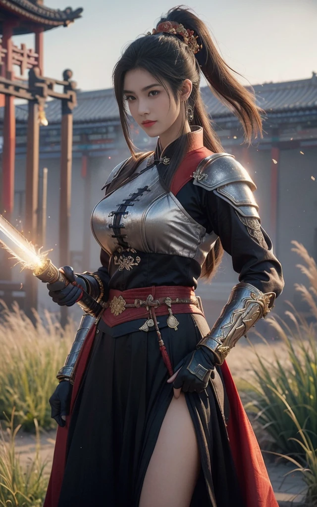 Game Art，Best picture quality，Maximum resolution，8K，(full-body shot)，(Head close-up)，(Rule of Thirds)，Unreal Engine 5 rendering works， (Future Girl)，(Female Warrior)， 
20-year-old girl，（A gentle smile facing the camera）(Chinese samurai)，(Short ponytail hairstyle)，Eyes full of details，(Large Breasts)，Elegant and noble，
(Costumes with Chinese swordsman elements，figure服饰，armor，The costume is red and gold，Heavy Armor，Joint armor)，(Chinese Hanfu:1.3)，figure，Fantasy style，
Photo poses，Field background，light，Ray Tracing，Game CG，((3D Unreal Engine))，oc rendering reflection pattern，