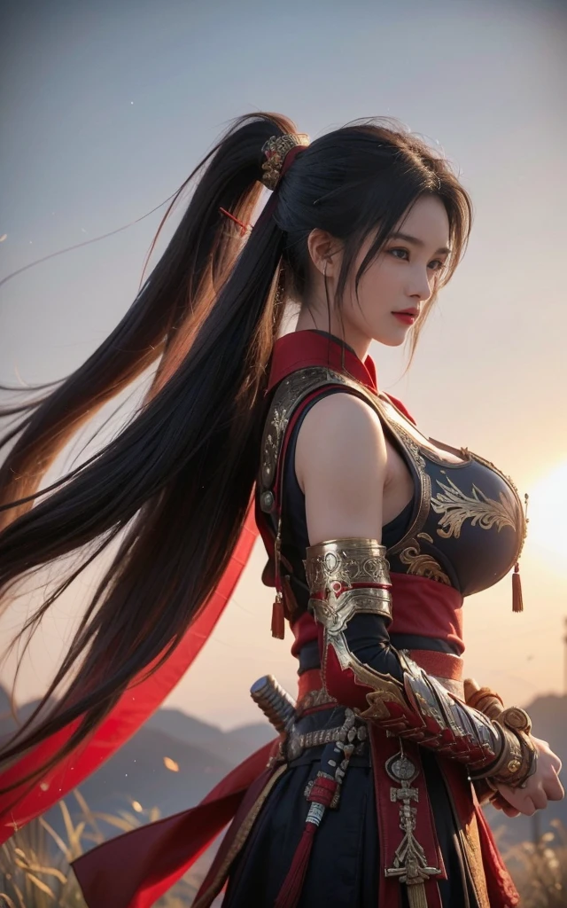 Game Art，Best picture quality，Maximum resolution，8K，(full-body shot)，(Head close-up)，(Rule of Thirds)，Unreal Engine 5 rendering works， (Future Girl)，(Female Warrior)， 
20-year-old girl，（A gentle smile facing the camera）(Chinese samurai)，(Short ponytail hairstyle)，Eyes full of details，(Large Breasts)，Elegant and noble，
(Costumes with Chinese swordsman elements，figure服饰，armor，The costume is red and gold，Heavy Armor，Joint armor)，(Chinese Hanfu:1.3)，figure，Fantasy style，
Photo poses，Field background，light，Ray Tracing，Game CG，((3D Unreal Engine))，oc rendering reflection pattern，