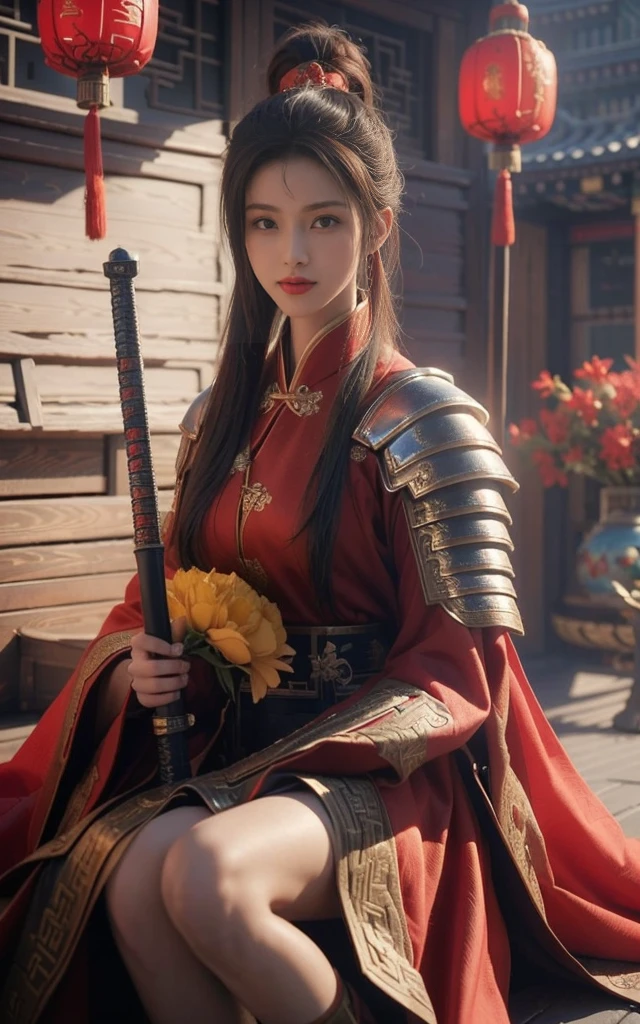 Game Art,Best picture quality,Maximum resolution,8K,(full-body shot),(Head close-up),(Rule of Thirds),Unreal Engine 5 rendering works, (Future Girl),(Female Warrior),
20-year-old girl,(A gentle smile facing the camera)(Chinese samurai),(Short ponytail hairstyle),Eyes full of details,(Large Breasts),Elegant and noble,
(Costumes with Chinese swordsman elements,figure服饰,armor,The costume is red and gold,Heavy Armor,Joint armor),(Chinese Hanfu:1.3),figure,Fantasy style,
Photo poses,Field background,light,Ray Tracing,Game CG,((3D Unreal Engine)),oc rendering reflection pattern,