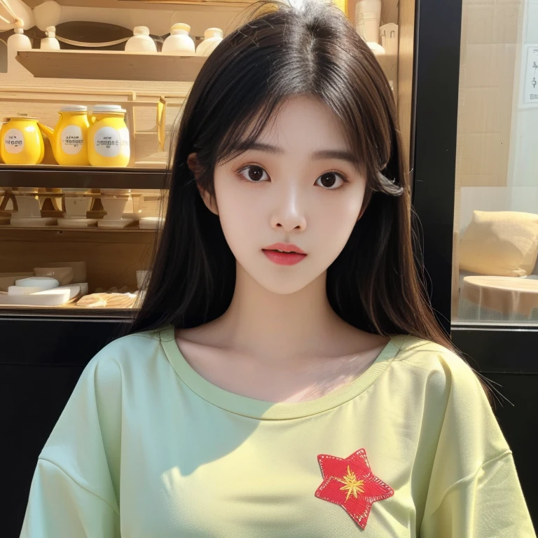 Close-up of a woman wearing a yellow shirt, Korean girl, Ulzzang, with a round face, wan&#39;s Korean face is so cute, beautiful south korean women, หญิงKorean girlที่งดงาม, Portraits of Korean female idols, Cute young Korean face, Jae Yeon Nam, หญิงKorean girlที่สวยงาม, Popular Korean cosmetics, Trending on cgstation, Lalisa Manoban, Headshot profile picture, Thai girl anime, Haraf woman looking at camera, Southeast Asian women with round faces, looking at viewer, Has very long black hair., My hair is very long.,Big eyes,Double eyelids, black eyes, Chest circumference measures 38 inches., The chest is round and shiny., abdominal muscles, perfect body, Wear a dark round neck t-shirt., Bright colors, expensive silk, outdoor, Warm light, The morning sun shines beautifully., (digital painting, HDR, high contrast), straight face, face focus), (Highest quality:1.4, 3D 8K, 45,000,000,000,pixels,),(Masterpiece:1.3),(sharp focus:1.2),glowing face, (Red cheeks:1.4), ยืนเดินoutdoor, The evening sun shines beautifully and realistically.,