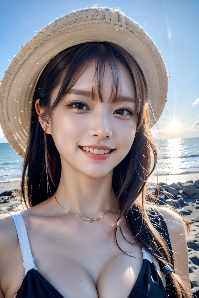 beach, sunset, closeup portrait of an idol in a swimsuit, holding a sun hat, smiling, photorealistic, high detail, vibrant colors