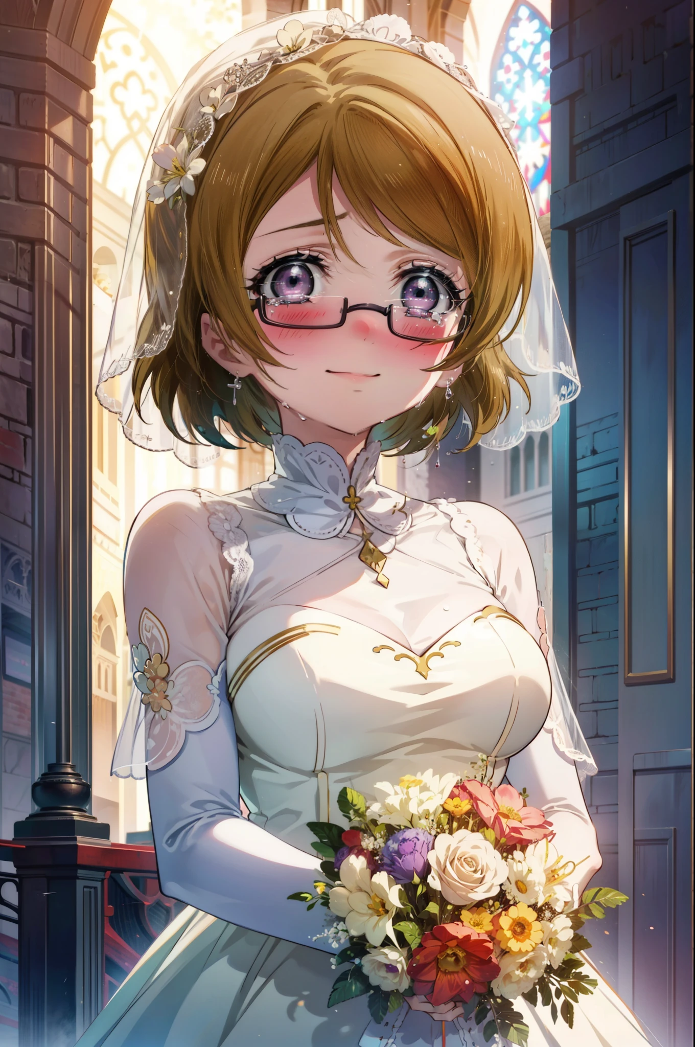 hanayo koizumi, hanayo Koizumi, short hair, Brown Hair, Purple eyes,Big Breasts,happy smile, smile, Close your mouth,Wedding dress,Veil,bouquet,Flower storm,Black-rimmed glasses,Tears stream down her face,Tears of joy,I cry a lot, break looking at viewer, whole body,(Cowboy Shot:1. 5) break indoors, Chapel,church, break (masterpiece:1.2), Highest quality, High resolution, unity 8k wallpaper, (shape:0.8), (Beautiful attention to detail:1.6), Highly detailed face, Perfect lighting, Highly detailed CG, (Perfect hands, Perfect Anatomy),