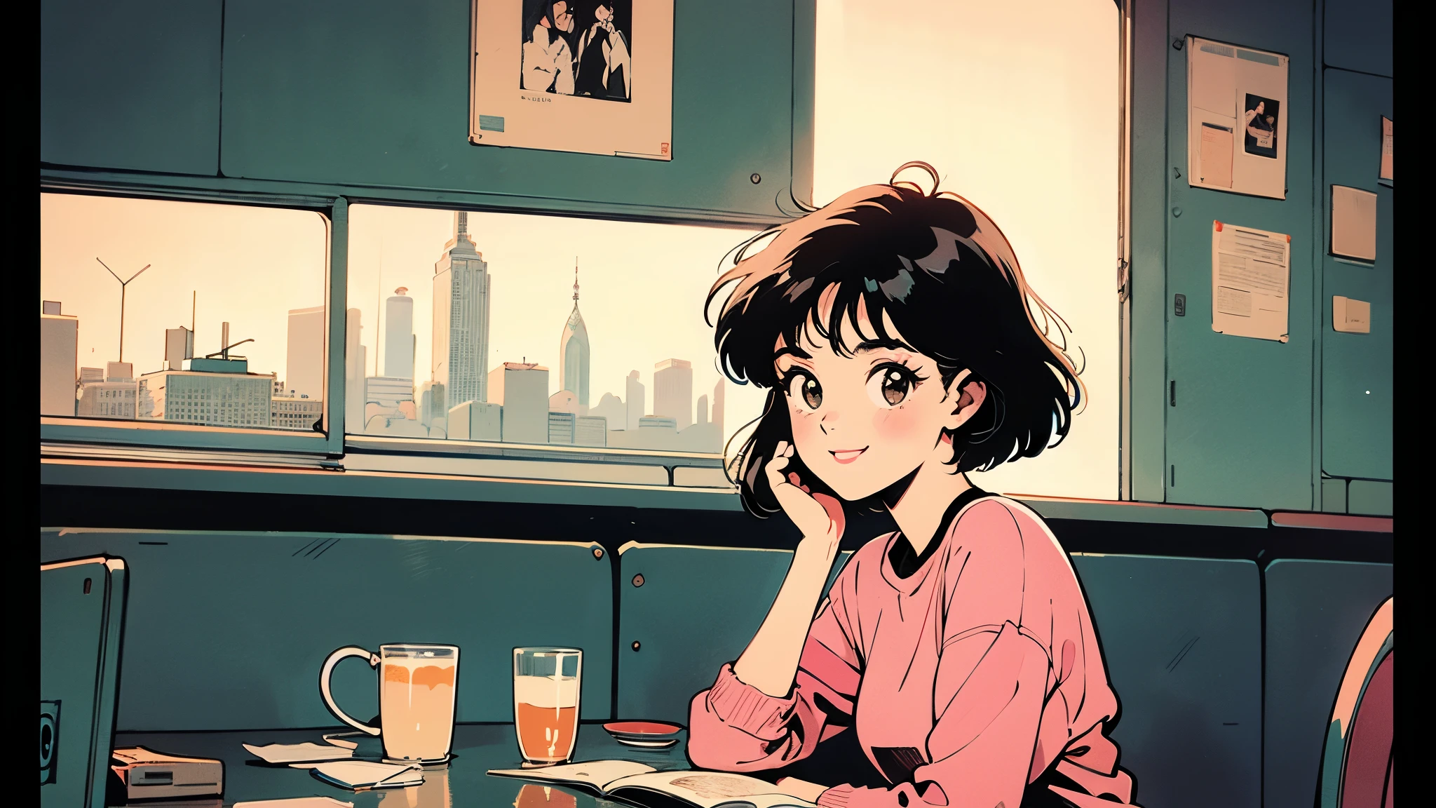 Highest quality,wallpaper,masterpiece,Super detailed,8K,wallpaper,Retro,(One female:1.5),Woman with short hair,Cafe,Talking to boyfriend,(A happy smile),City Pop,Urban Pop,Retroなレコードジャケットのイラスト