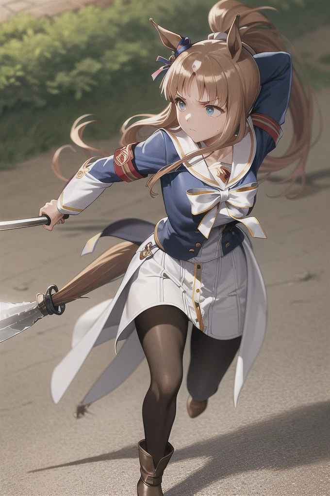 masterpiece, best quality,
grass wonder \(umamusume\),
naginata, holding weapon,
horseback riding, reins, running,
white sailor collar, blue jacket, long sleeves, armband, white dress, white skirt, black pantyhose, boots, brown footwear, mismatched footwear,