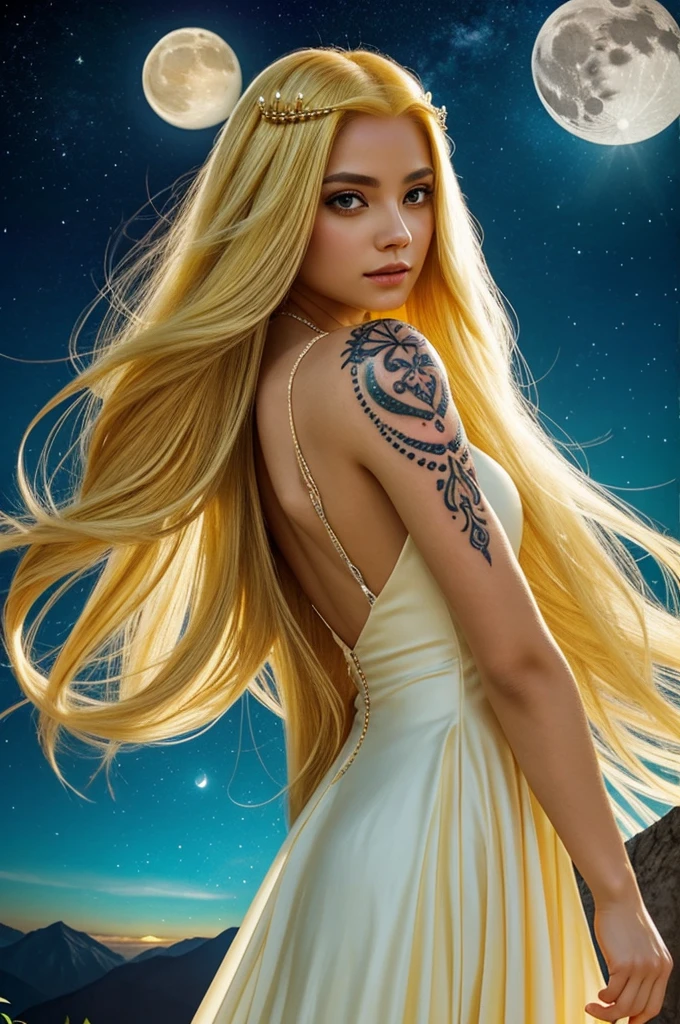 Princess/yellow long hair/moon princess/holding a crystal/with moon tattoo on her forehead/