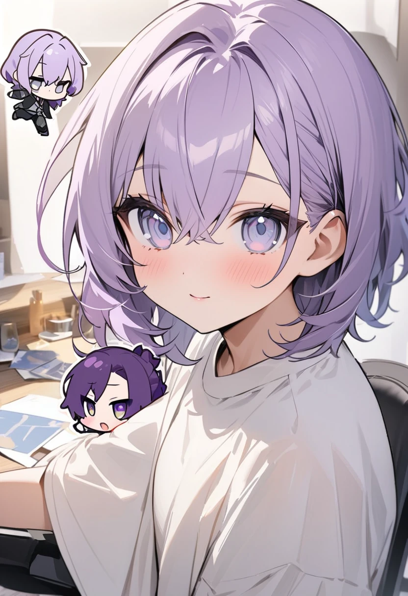 (masterpiece, Highest quality),male「The background is set to be painted in white.、Draw a chibi-style anime character with purple hair and silver eyes dancing。The character&#39;s hair is fluffy and voluminous.、The style has bangs that hang lightly over the face、Her hair color is a gradation from dark purple to light purple.。The eyes are big and sparkling,、It is also purple。 The character wears a long coat with a purple and black design.、The hem of the coat is wide、It is drawn to flow with the movement.。The inside of the coat is bright pink.。The character&#39;s innerwear is dark purple.、Fine details are given。The belt and buttons are accented in black.。 The pose is dynamic、Spread your right hand wide、The left hand is slightly bent as if for balance.。The left foot is raised slightly to emphasize the dancing movement.。On his feet he wears black boots、Please draw in detail。 The character&#39;s facial expression is a confident smile、Please express the atmosphere of people dancing happily.。The overall art style is vibrant and colorful.、A cartoon style with enhanced contrast。Please draw the character&#39;s movements and expressions so that they seem lively.。」