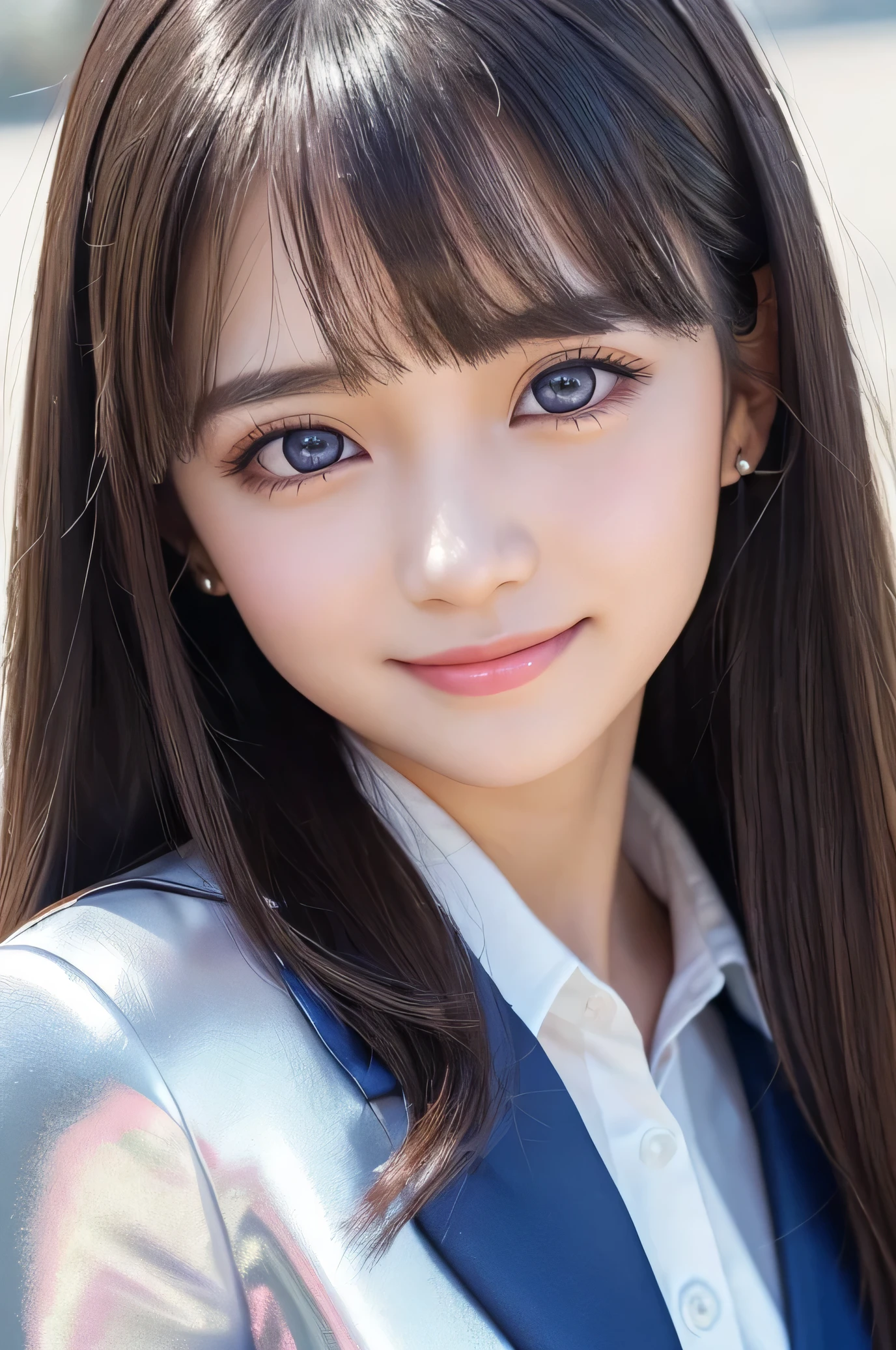 (Very beautiful cute girl), (very cute face:1.2),15 yo, (sparking crystal clear attractive large eyes), best looks, Beautiful detailed eyes, Detailed double eyelids, (smiling), (realistic photograph:1.2), long straight hair, (super shiny metallic dark blue blazer:1),metallic pearl white school blouse,(shiny metallic pink neck bow tie:1),(super shiny metallic dark blue pleat skirt :1)