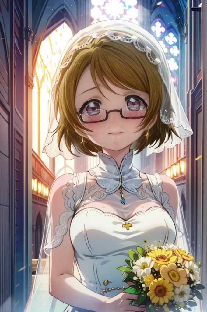 hanayo koizumi, hanayo Koizumi, short hair, Brown Hair, Purple eyes,Big Breasts,happy smile, smile, Close your mouth,Wedding dress,Veil,bouquet,Flower storm,Black-rimmed glasses,Tears stream down her face,Tears of joy,I cry a lot, break looking at viewer, whole body,(Cowboy Shot:1. 5) break indoors, Chapel,church, break (masterpiece:1.2), Highest quality, High resolution, unity 8k wallpaper, (shape:0.8), (Beautiful attention to detail:1.6), Highly detailed face, Perfect lighting, Highly detailed CG, (Perfect hands, Perfect ???????),