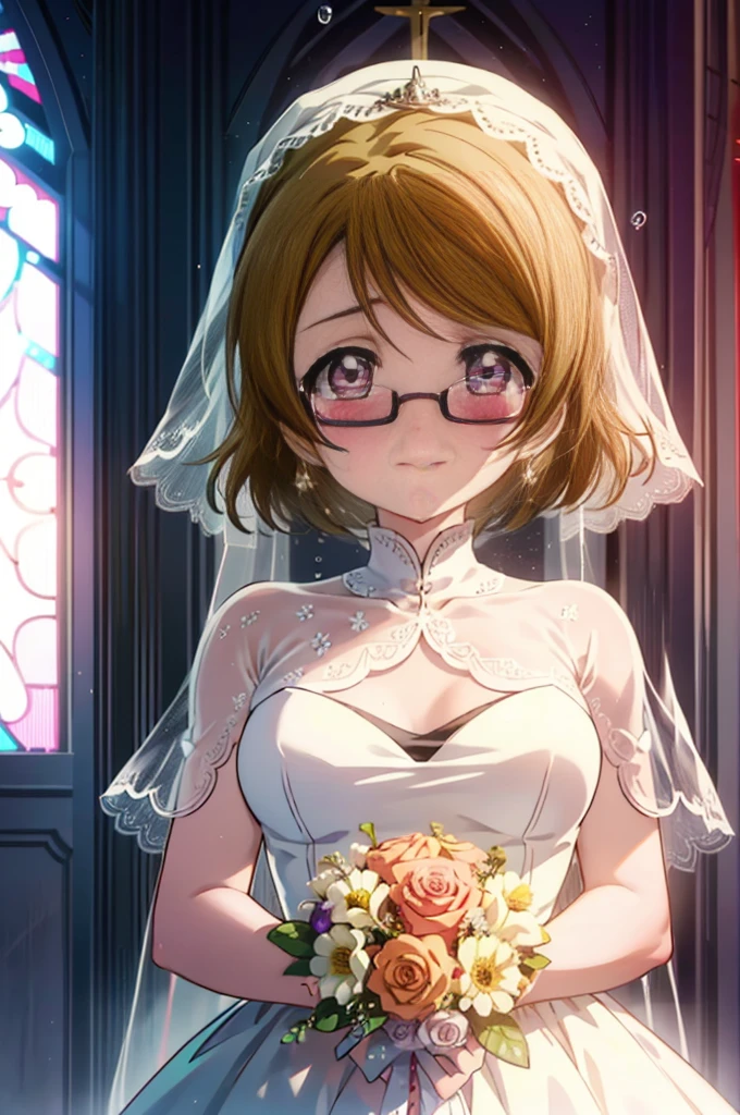 hanayo koizumi, hanayo　Koizumi, short hair, Brown Hair, Purple eyes,Big Breasts,happy smile, smile, Close your mouth,Wedding dress,Veil,bouquet,Flower storm,Black-rimmed glasses,Tears stream down her face,Tears of joy,I cry a lot,　　　　　　　　　　　　　　　　　　　　break looking at viewer, whole body,(Cowboy Shot:1. 5) 　　　　　　　　　　　　　　　　　　　break indoors, Chapel,church, 　　　　　　　　　　　break (masterpiece:1.2), Highest quality, High resolution, unity 8k wallpaper, (shape:0.8), (Beautiful attention to detail:1.6), Highly detailed face, Perfect lighting, Highly detailed CG, (Perfect hands, Perfect Anatomy),