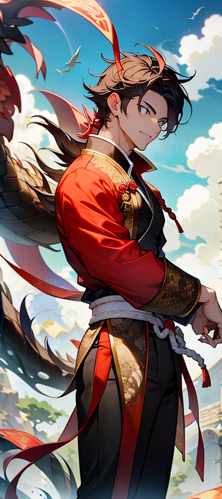 Chinese male martial art performer in a traditional elegant clothes, carrying unseathed chinese sword, calm face, fair skin, handsome face, masterpiece, hyper detailed, chinese black dragon floating in the background.