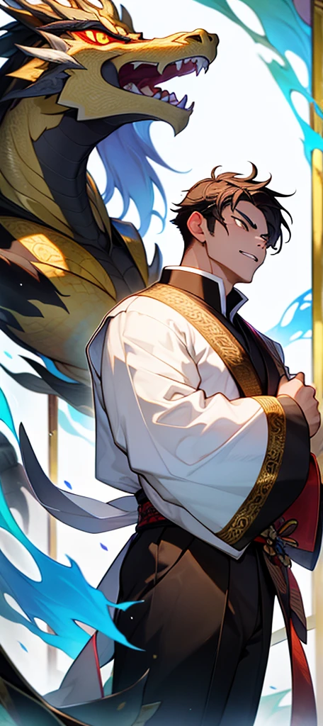 Chinese male martial art performer in a traditional elegant clothes, carrying unseathed chinese sword, calm face, fair skin, handsome face, masterpiece, hyper detailed, chinese black dragon floating in the background.