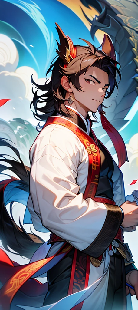 Chinese male martial art performer in a traditional elegant clothes, carrying unseathed chinese sword, calm face, fair skin, handsome face, masterpiece, hyper detailed, chinese black dragon floating in the background.