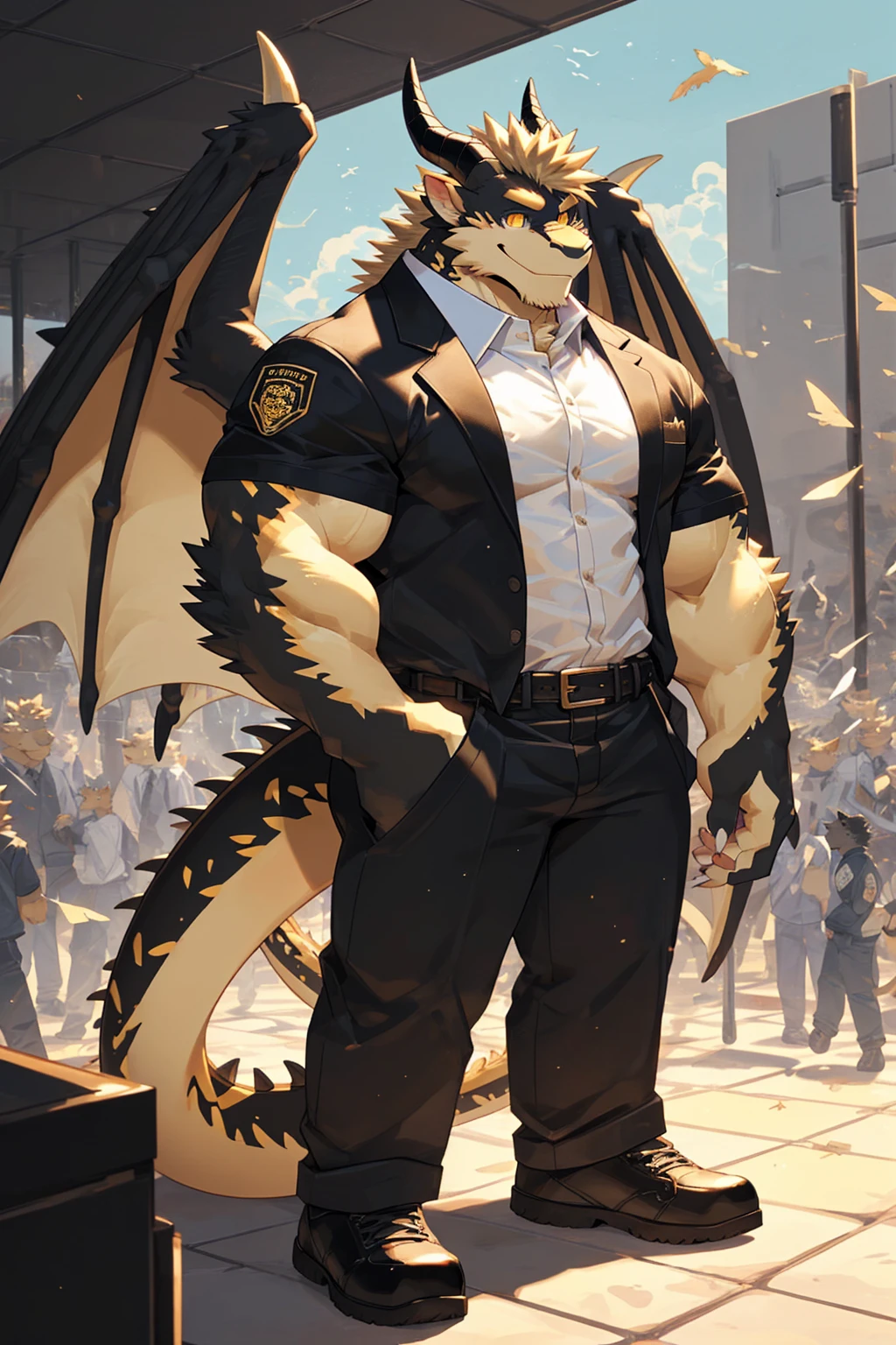 (sfw:1.5), male focus, security guard, Handsome 1boy, solitary，protrait photo, single, (White nails, White Paws:1.4), (Light blond hair:1.5), (Black and gold dragon wings, Huge black and gold dragon wings:1.3), Black and gold skin, (Black and gold tail:1.4), (Black horn, Black curved corners:1.4), (Black body:1.3), (All black:1.4), (Pale blond chin, Pale golden neck:1.4), Pale golden chest, Light blond chest hair, (perfect golden eyes:1.4), (Black scales:1.3), (Black Hands, Black Hands臂, Black Hands指, Black head:1.4), 
Western Dragon, dragon, dragon boy, dragon body, feet, (big eyes, large eyes:1.4), (Chubby face, The body is huge, Larger face:1.3), 
(Black short sleeve, White short-sleeved shirt, Black pants, Black short shoes, Black leather belt:1.4), 
(full body:1.3), (Mature men:1.4), (Strong body, muscle,Strong male:1.3), (Thick arms:1.3), (Standing:1.4), (Looking at the audience, Focus, Eyes gaze:1.2), (Smile:1.4), 
full background,ground, Blue sky, White Cloud, ground, School, School大门, security guard亭,
, Mysterious and romantic atmosphere, Caustic lines(refraction, polarization)Perfect anatomical structure, absurd, Detailed background, (Delicate eyes:1.3),Printing style。((artist:Takemoto Arashi))