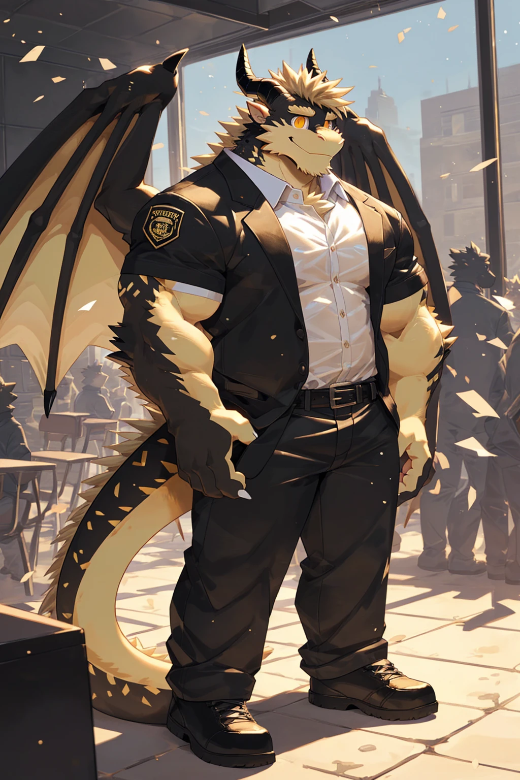 (sfw:1.5), male focus, security guard, Handsome 1boy, solitary，protrait photo, single, (White nails, White Paws:1.4), (Light blond hair:1.5), (Black and gold dragon wings, Huge black and gold dragon wings:1.3), Black and gold skin, (Black and gold tail:1.4), (Black horn, Black curved corners:1.4), (Black body:1.3), (All black:1.4), (Pale blond chin, Pale golden neck:1.4), Pale golden chest, Light blond chest hair, (perfect golden eyes:1.4), (Black scales:1.3), (Black Hands, Black Hands臂, Black Hands指, Black head:1.4), 
Western Dragon, dragon, dragon boy, dragon body, feet, (big eyes, large eyes:1.4), (Chubby face, The body is huge, Larger face:1.3), 
(Black short sleeve, White short-sleeved shirt, Black pants, Black short shoes, Black leather belt:1.4), 
(full body:1.3), (Mature men:1.4), (Strong body, muscle,Strong male:1.3), (Thick arms:1.3), (Standing:1.4), (Looking at the audience, Focus, Eyes gaze:1.2), (Smile:1.4), 
full background,ground, Blue sky, White Cloud, ground, School, School大门, security guard亭,
, Mysterious and romantic atmosphere, Caustic lines(refraction, polarization)Perfect anatomical structure, absurd, Detailed background, (Delicate eyes:1.3),Printing style。((artist:Takemoto Arashi))