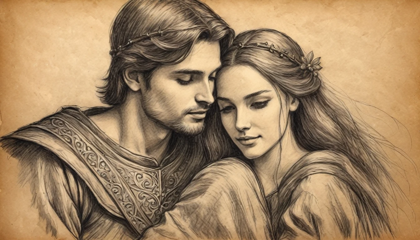 couple in love, sketch, charcoal pencil drawing on old paper. medieval, lovers of medieval times