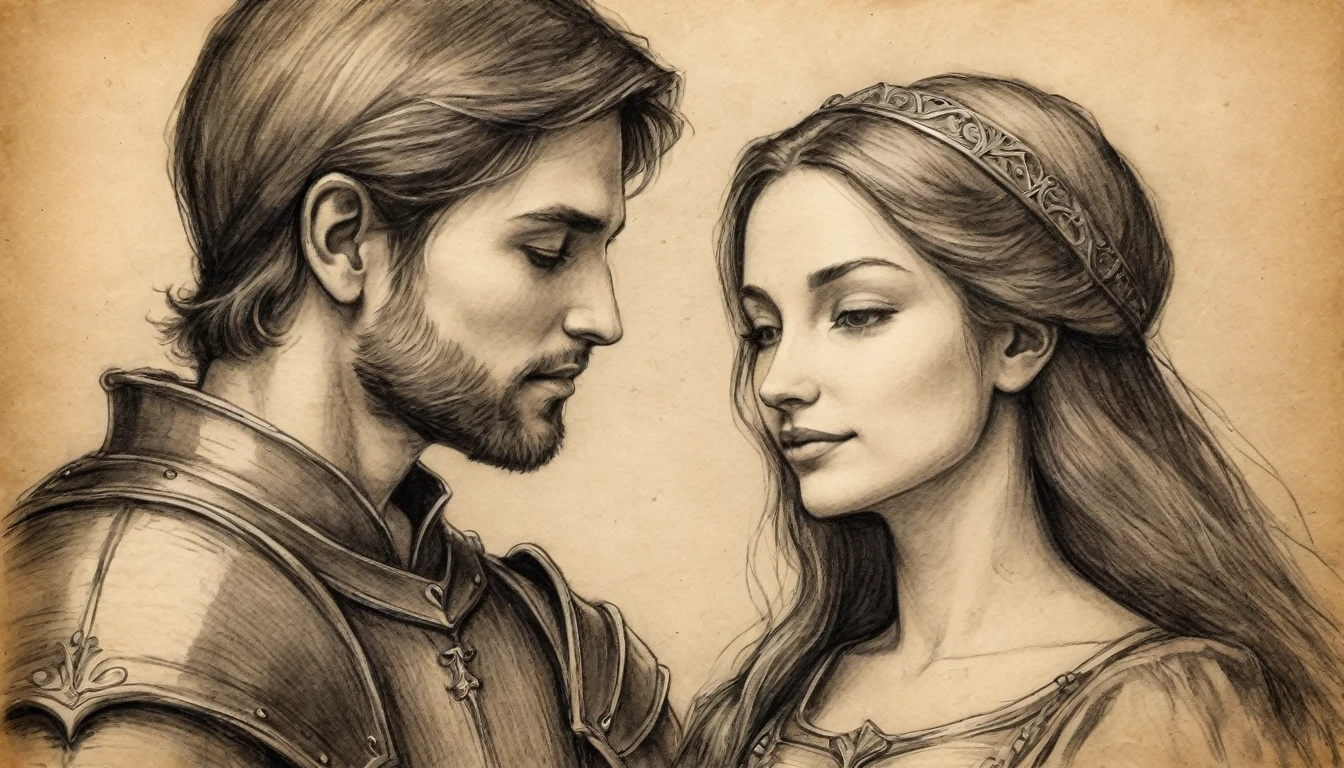 couple in love, sketch, charcoal pencil drawing on old paper. medieval, lovers of medieval times