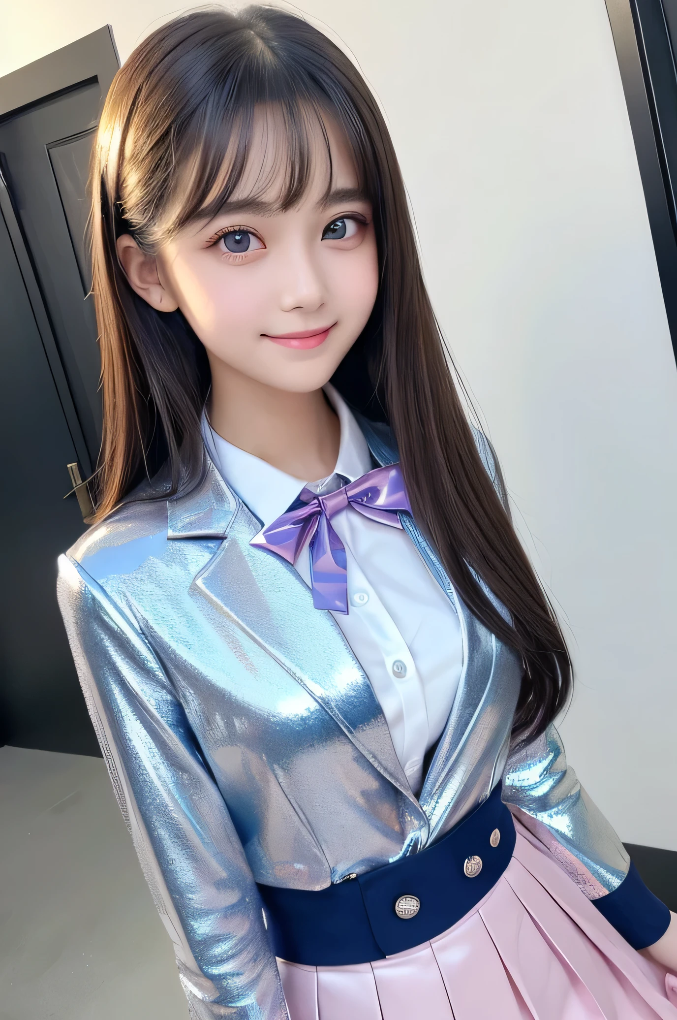 (Very beautiful  cute girl), (very  cute face:1.2),13 yo, (sparking crystal clear attractive large eyes), best looks, Beautiful detailed eyes, Detailed double eyelids, (smiling), (realistic photograph:1.2), long straight hair, (super shiny metallic dark blue blazer:1),metallic pearl white school blouse,(shiny metallic pink neck bow tie:1),(super shiny metallic dark blue pleat skirt :1)