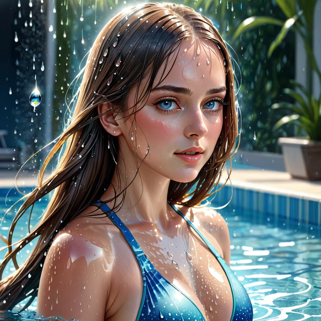 one beautiful Germans girl,long straight hair,wearing Swim suit,She Play in the pool,The water droplets on my chest are shining,splash,(masterpiece), (best quality), (ultra-detailed), (illustration), (detailed light),(an extremely delicate and beautiful)