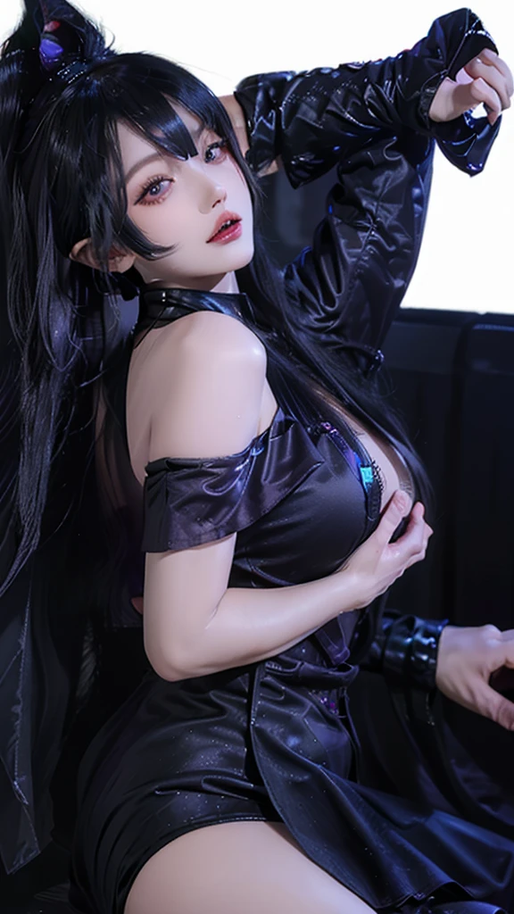 Ultra high resolution 4K、best quality, Masterpiece, Ultra high resolution, (reality: 1.4), 1 woman, purple eyes, The dress went off the shoulder., light、purple and black hair、(my girl、my cosmetics)、(Dante Dong、big breasts、Oversized black off-the-shoulder T-shirt、dark short skirt)、((Dark makeup、Oily skin,有light泽的皮肤、Realistic skin texture、Sensitive & beautiful skin、容light焕发的皮肤)), Dark city center at night、Kabukicho、Dark Cyberpunk、(Panorama:1.8)
